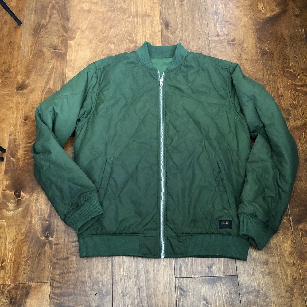 Obey Quilted Reversible Nylon Bomber Jacket Olive Size M